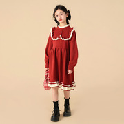女童连衣裙秋冬季2023红色，裙子中大童娃娃，领毛衣裙儿童公主裙
