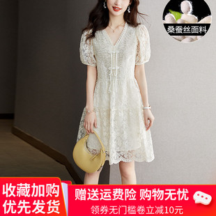 杭州大牌真丝连衣裙女装夏季气质，v领短袖小个子，桑蚕丝薄裙子