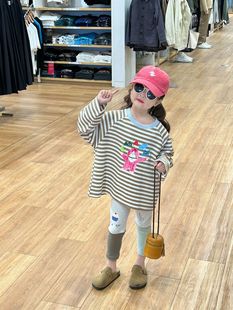 韩版童装女童可爱卡通印花条纹t恤裙2024春女宝，幼儿园中长款t恤潮