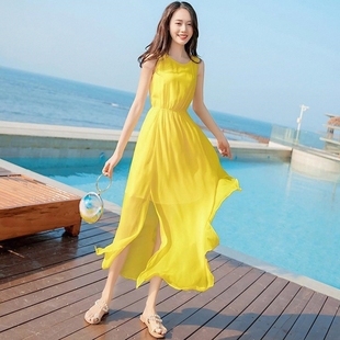 黄色连衣裙夏过膝(夏过膝)雪纺，长裙背心裙沙滩，裙海边度假三亚超仙裙子