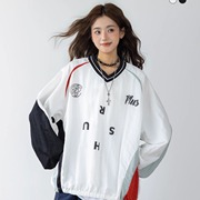 美式复古撞色v领球衣t恤男女2025春季新款长袖卫衣宽松情侣装上衣