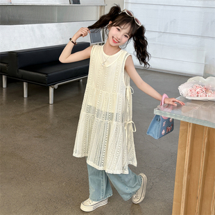 女童夏季连衣裙韩系镂空背心，裙叠穿2024夏装儿童罩裙吊带裙子