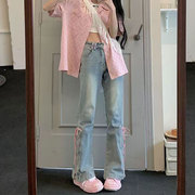高街粉色绑带直筒牛仔裤女夏季设计感高腰，遮肉微喇裤子ins潮