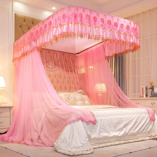 粉红色u型公主风结婚房蚊帐，3开门导轨式新婚，床帐家用1.8m防蚊罩帐