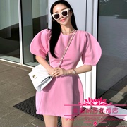 韩国2024年夏气质优雅甜美时尚花苞袖收腰连衣裙