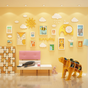 幼儿园儿童房装饰实木相框，组合钟表相片，墙动漫卡通照片墙宝宝创意