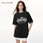 ozlana短袖女夏2024小众设计款可拆卸网纱袖，蕾丝刺绣雏菊t恤