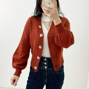 砖红色毛衣外套女开衫加厚设计感小众小香风短款v领显瘦秋冬