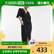 香港直邮潮奢 ASOS 女士设计蝙蝠袖深V领前襟绑带绉纱中长连衣裙(