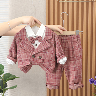 男宝宝春秋西装套装韩版男童帅气时尚礼服，周岁中小童三件套1-3岁4