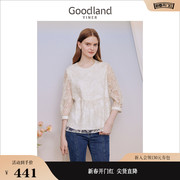 Goodland美地女装2023秋季法式网纱绣花钉珠衬衫金属闪丝上衣