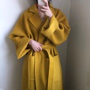 韩国chic设计款优雅绑带搭配翻领，长款姜黄色(姜，黄色)罕见外套宽松毛呢大衣
