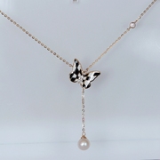 订货韩国纯14k金珍珠(金珍珠)项链，女黑白珐琅棋格复古蝴蝶长流苏坠