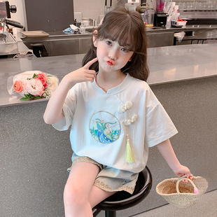 女童纯棉短袖T恤夏季2024小女孩新中式国风刺绣儿童薄款上衣