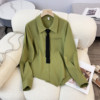 早春季灯笼长袖上衣设计感小众高级垂感牛油果绿色领带雪纺衬衫女