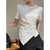 白色法式掐腰不规则长袖T恤女早春2024年女装设计感收腰上衣