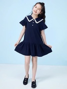 女童连衣裙夏季雪纺短袖裙子，洋气韩版女孩翻领百褶裙