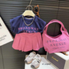 韩韩良品女童洋气字母T恤百褶短裙套装2023夏装两件套送包包