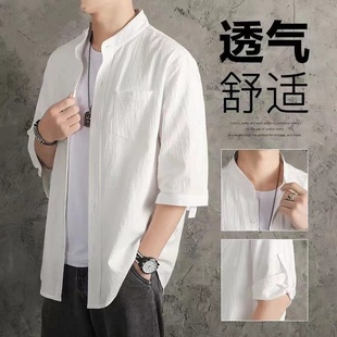 潮牌亚麻短袖衬衫男夏季宽松中国风衬衣男士棉麻休闲纯色半袖上衣