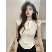 中国风复古盘扣刺绣T恤女短袖夏设计感小众修身显瘦收腰短款上衣
