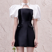2024夏装时尚性感镂空泡泡袖黑色A字连衣裙小黑裙 越南设计师