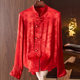 2024春装新中式轻国风复古红色，提花立领长袖衬衫女士洋气上衣