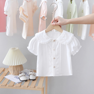 女童蕾丝翻领短袖衬衫夏季婴儿白色上衣宽松儿童，衬衣女宝宝打底衫