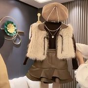 韩版女童秋冬季三件套装儿童皮草马甲新年衣服加绒女宝潮宝时髦洋