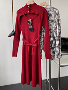 1.3斤红色半高领镂空针织连衣裙长袖收腰中裙时尚休闲洋气F∮27
