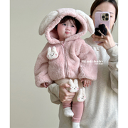 婴幼儿兔耳朵连帽毛毛加厚外套，冬季韩版女宝宝可爱加绒保暖上衣