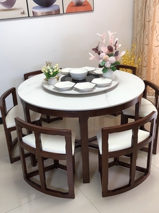 大理石餐桌圆桌六合一圆餐桌实木餐桌椅组合岩板圆形带转盘饭桌