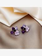 银针韩国ins紫色镶钻猫眼石，水晶花朵耳环，仙女甜美复古设计感耳饰