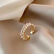 众小设计高级感~双排珍珠锆石戒指女轻奢开口戒简约个性时尚指环