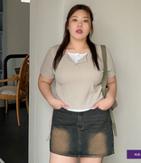韩国大码女装2024春装时尚圆领系扣半开襟配色短袖T恤特9