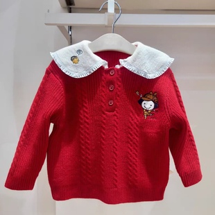韩国童装冬女童宝宝可爱甜美红色大翻领套头毛衣针织衫外套