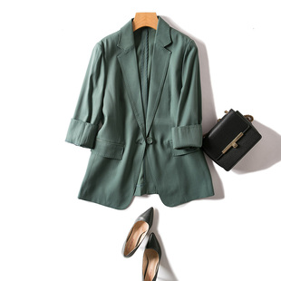日式通勤一粒扣修身西装，棉麻七分袖草绿色西服外套女夏季薄款