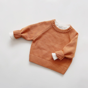 日系秋冬男女儿童宝宝复古橙色，纯棉线针织圆领，插肩袖小厚套头毛衣
