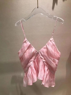 宽松大码胖mm300斤女夏装时尚粉色性感褶皱荷叶裙摆短款吊带背心
