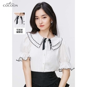 missCOCOON法式衬衫夏装装绣花娃娃领珍珠扣蕾丝花边上衣