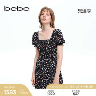 bebe夏季系列女方领绑带泡泡袖爱心印花连衣裙250040