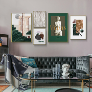 轻奢复古又摩登客厅装饰画沙发，挂画绿色抽象创意，组合墙面餐厅壁画