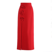 法式性感红色高腰半身长裙女设计感小众立体花朵高开叉修身包臀裙
