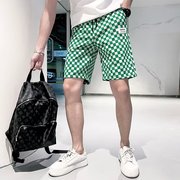 夏季薄款冰丝短裤男精神小伙绿色格子中裤子潮牌休闲大裤衩沙滩裤