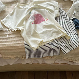 韩版童装女童2024夏季纯棉白色卡通，短袖t恤儿童条纹宽松长裤套装