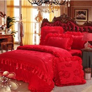 婚庆四件套六件套贡缎提花绣花大红色蕾丝结婚床上用品被套床单式