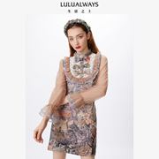 lulualways商场同款法式木耳拼接气质网纱提花，蝴蝶结连衣裙