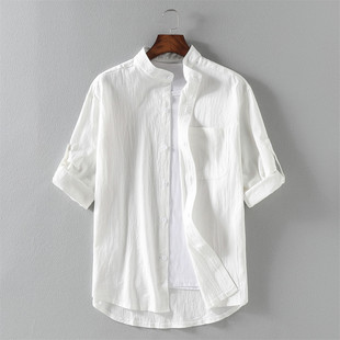 夏季男士七分袖亚麻，衬衫宽松薄款透气纯色，棉麻衬衣男白色柔软