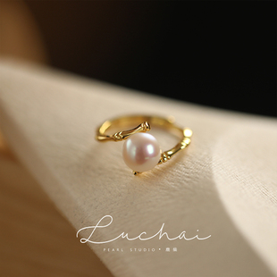 淡水珍珠925纯银食指戒指女小众设计高级感时尚个性金色开口手饰