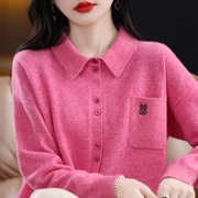春秋刺绣100%纯羊绒开衫女POLO领衬衣宽松毛衣针织羊毛衫外套