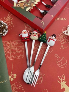 卡通圣诞节公仔勺子餐具套装 餐厅甜品咖啡勺水果叉 金银调羹